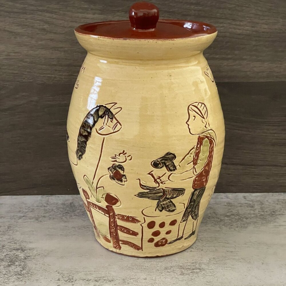 SJ Studio Art Pottery Live in Peace Covered Canister Sgraffito Redware Missouri
